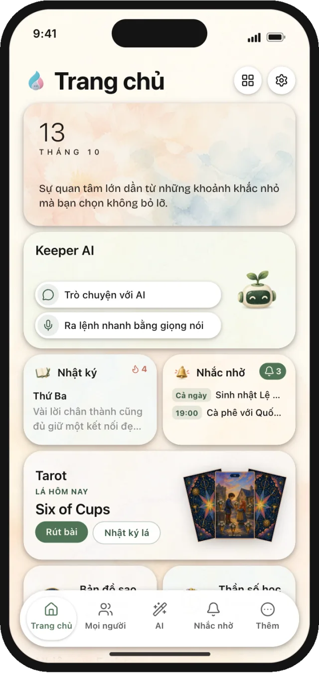 Ember's Home screen with today's date, Keeper AI, journal, reminders and Tarot