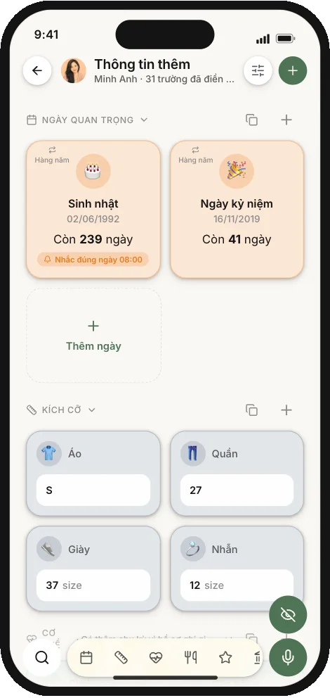 The More info page of a family member in Ember: height, weight, clothing size, cycle